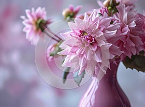 a beautiful pink dahlia in a pink vase