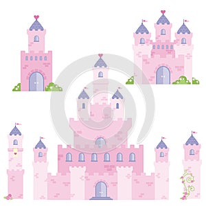 Beautiful Pink Fairy Tale Fantasy Castle Tower Design Set Flat Vector Illustration Isolated on White