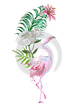 Beautiful pink flamingo composition with tropic leaves, flowers