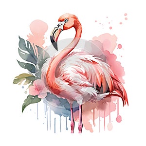 Beautiful pink flamingo with palm leaves painted in watercolor