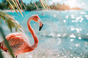 Beautiful pink flamingo in the sea water on Renaissance Island. Sea with beautiful waves and transparent aqua blue water on a