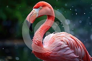 Beautiful pink flamingo walking in a pond. ai generated