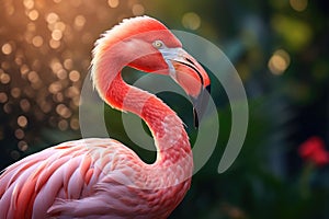 Beautiful pink flamingo walking in a pond. ai generated