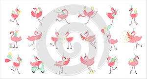 Beautiful pink flamingos set. Cute flamingo in different situations, exotic bird characters cartoon vector illustration