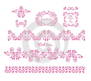 Beautiful pink floral decorative frames, headers and seamless borders set. Part 3