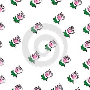 Beautiful pink flower with green leaf illustration on white background. seamless pattern, hand drawn vector. vintage and feminine.