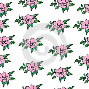 Beautiful pink flower with green leaf illustration on white background. seamless pattern. hand drawn vector. vintage style. doodle