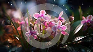 Beautiful pink flower, surrounded by other flowers and greenery. There are several small droplets of water on leaves of