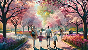 beautiful pink flowers bush in sunlight, family on street background