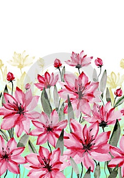 Beautiful pink flowers with green stems and leaves on white background. Seamless floral pattern. Watercolor painting.