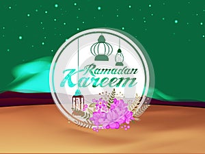 Beautiful pink flowers and hanging Arabic lanterns decorated sticky design on shiny night view background for holy month of Muslim