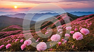 Beautiful pink flowers on mountains at sunset, Hwangmaesan mountain in South Korea.