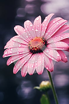 Beautiful pink gerbera flower with water drops vertical aesthetic