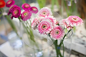 Beautiful pink gerbera flowers bouquet in glass vase at display on flower market for sale