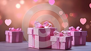Beautiful pink gift boxes with ribbons with of pink bokeh in the shape of hearts. Festive background.
