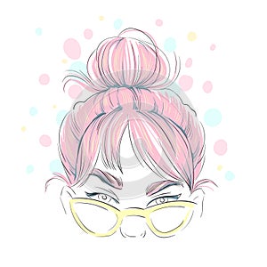 Beautiful pink hair color young woman in glasses. Hand drawn stylish woman portrait. Fashion lady. Sketch