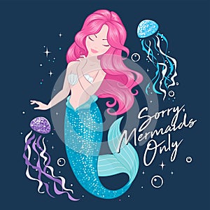 Beautiful pink hair mermaid on a dark background. Cute Mermaid with jellyfish , for t shirts or kids fashion artworks, children