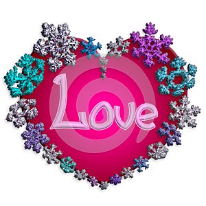 Beautiful pink heart with lettering made of snowflakes