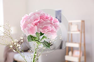 Beautiful pink hydrangea flowers in light room