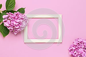 Beautiful pink hydrangea flowers, white wooden photo frames on pink background top view flat lay copy space. Flower card. Holiday