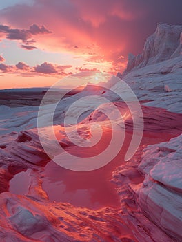 Beautiful pink landscape, sky, and lake