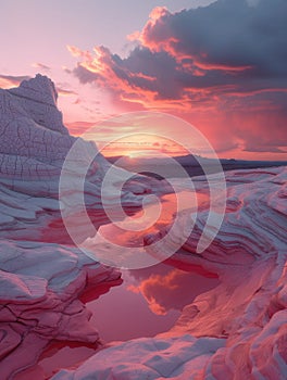 Beautiful pink landscape, sky, and lake