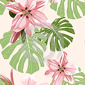 Beautiful pink lilies flowers and monstera leaves. Seamless pattern on light background.