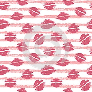 Beautiful pink lips on a background of light pink stripes. Seamless pattern. Lip print. Kisses. Freehand drawing.