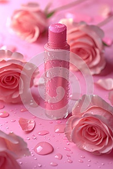 Beautiful pink lipstick and pink rose flowers with water drops on pink background