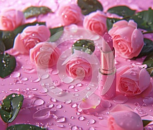 Beautiful pink lipstick and pink rose flowers with water drops on pink background