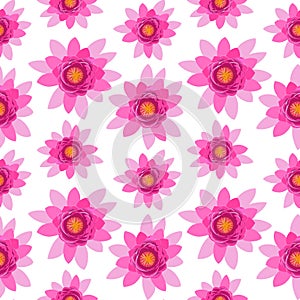 Beautiful pink lotus flower blossom seamless pattern isolated on white background