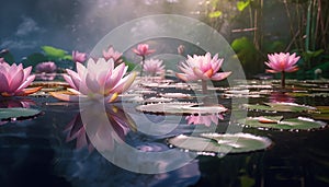 Beautiful pink lotus flower floating on tranquil pond generated by AI