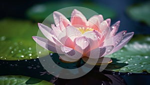 Beautiful pink lotus flower floating on tranquil water generated by AI