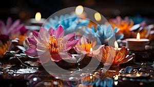 A beautiful pink lotus flower floats peacefully on the pond generated by AI