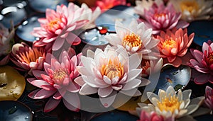 A beautiful pink lotus flower floats peacefully on water generated by AI