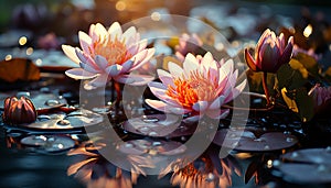 A beautiful pink lotus flower floats on tranquil pond generated by AI