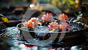 A beautiful pink lotus flower floats in a tranquil pond generated by AI