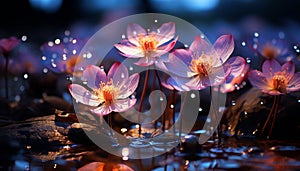 Beautiful pink lotus flower reflects romance in nature generated by AI