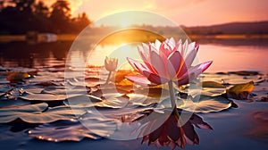 Beautiful pink lotus flower on the water with sunset background