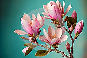 Beautiful pink magnolia flowers on blue background