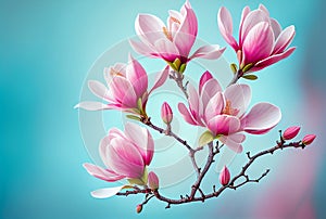 Beautiful pink magnolia flowers on blue background