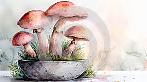 Beautiful pink mushrooms in a pot - generative ai photo