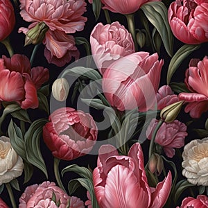 Beautiful pink peonis flower seamless pattern, created with generative AI