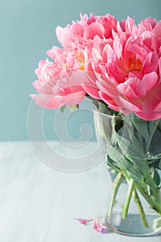 Beautiful pink peony flowers bouquet in vase