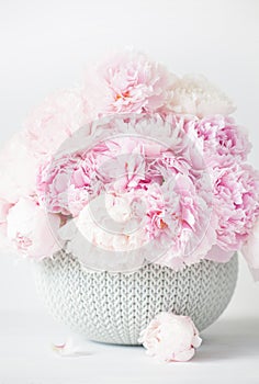 Beautiful pink peony flowers bouquet in vase