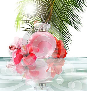 Beautiful pink perfume bottle on a background of water, hibiscus flowers and palm leafs. Summer background.Vector