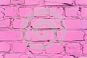 Beautiful pink purple brick wall with white grout, colorful background, abstract texture for copy space.