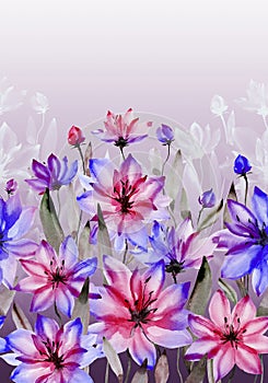 Beautiful pink and purple flowers with green stems and leaves on white background. Seamless floral pattern. Watercolor painting.