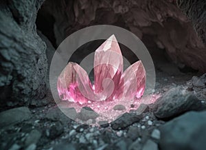 Beautiful pink quartz crystal in cave. Gemstone. AI Generated