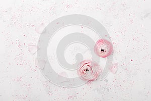 Beautiful pink ranunculus flowers on white table overhead view. Floral border in pastel color. Wedding mockup in flat lay style.